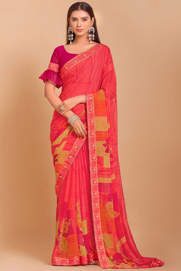 Punch Pink Digital Printed Chiffon Casual Wear Saree