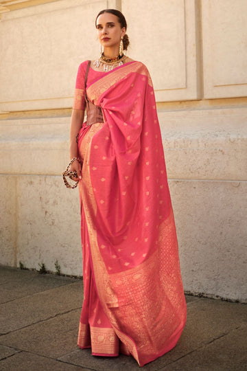 Punch Pink Handloom Spun Silk Woven Saree for Party