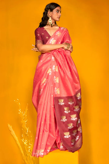 Punch Pink Woven Handloom Tussar Silk Saree