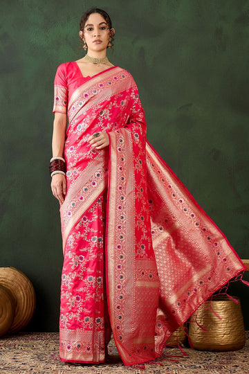 Punch Pink Jacquard Silk Woven Party Wear Saree