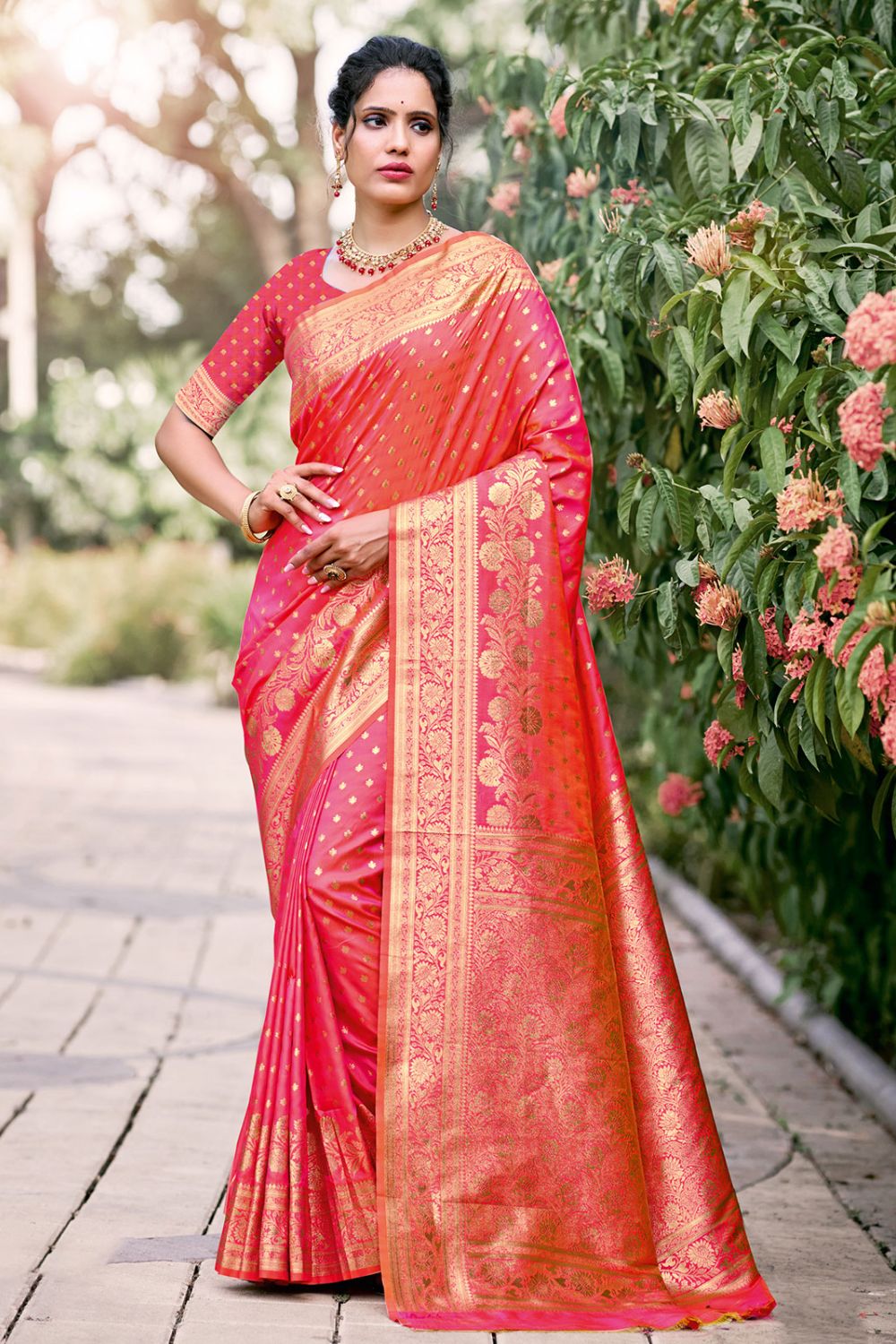 Punch Pink Silk Zari Woven Saree