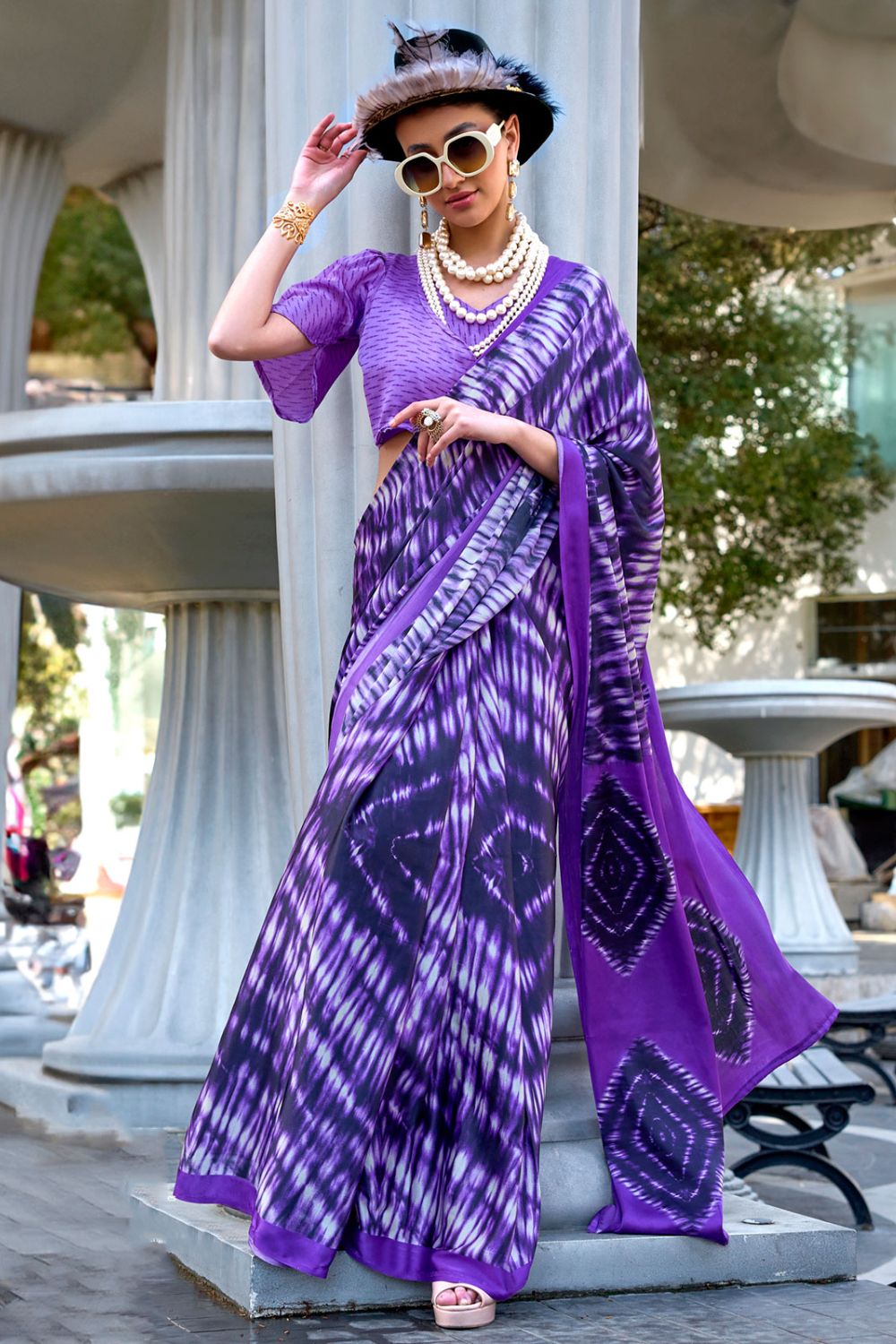 Purple and Black Digital Print Satin Crepe Saree for Party