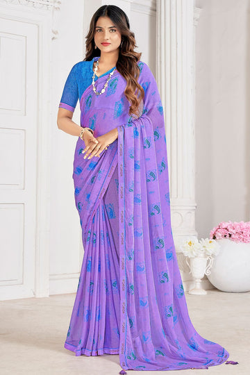 Purple Digital Printed Chiffon Casual Wear Saree