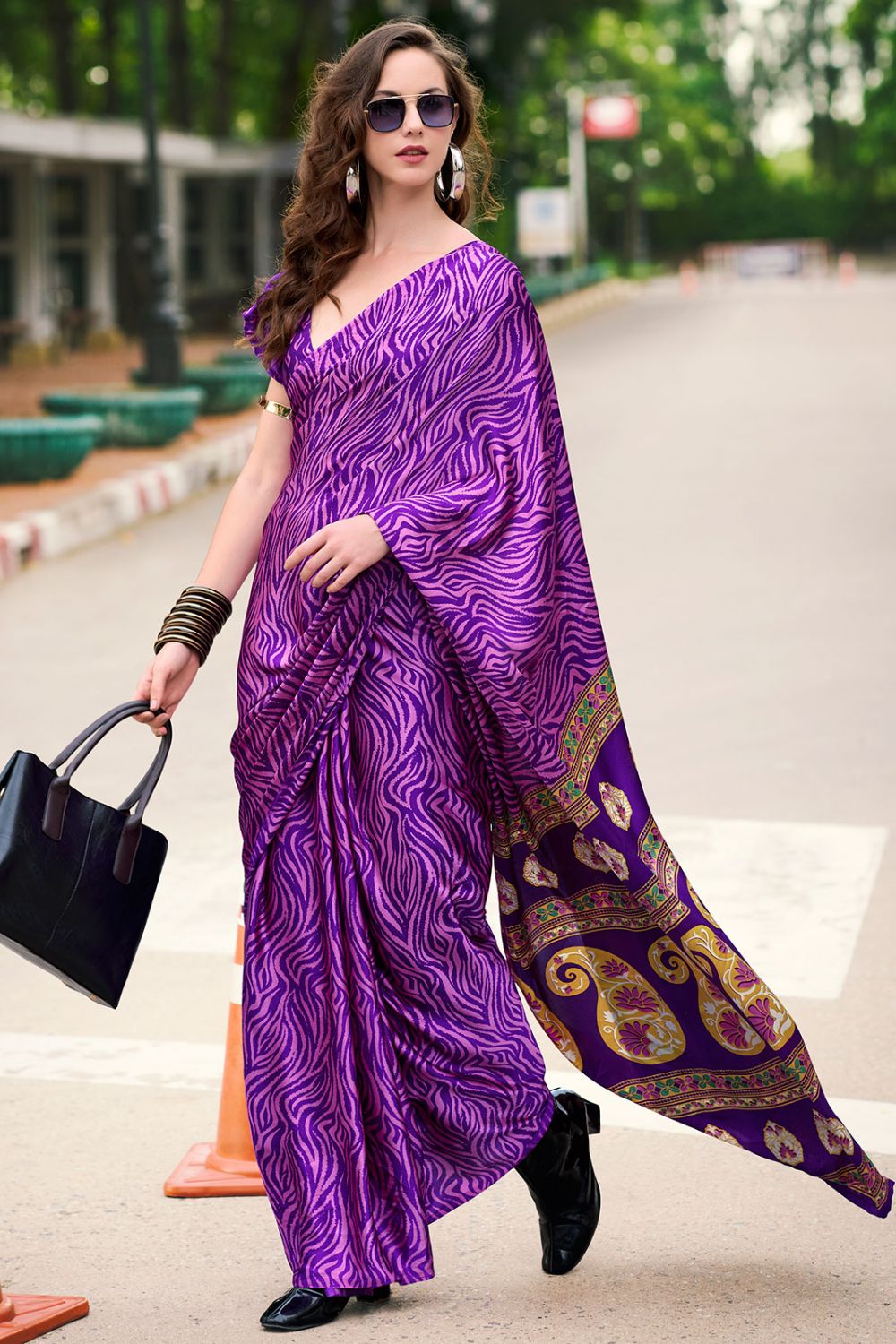 Purple Digital Print Satin Saree