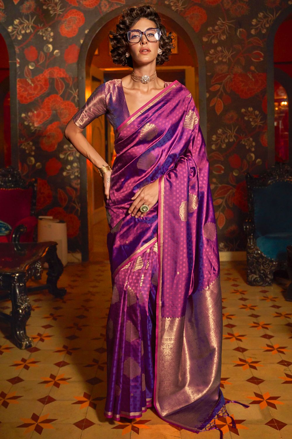 Purple Handloom Weaving Silk Saree for Party