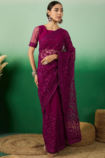 Purple Net Embroidered Saree for Party