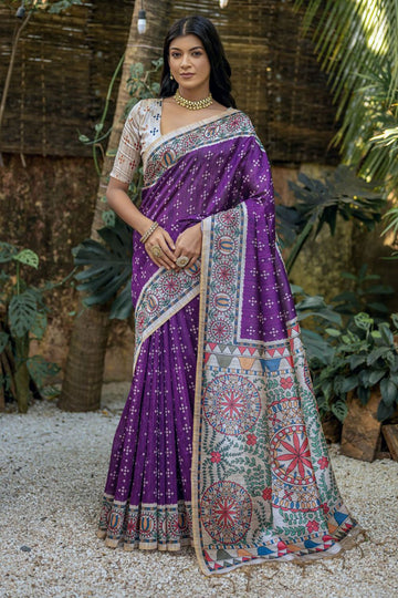 Purple Printed Tussar Silk Digital Printed Saree