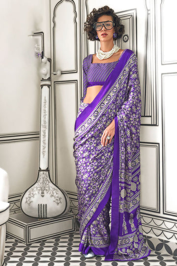 Purple Satin Crepe Digital Printed Casual Wear Saree