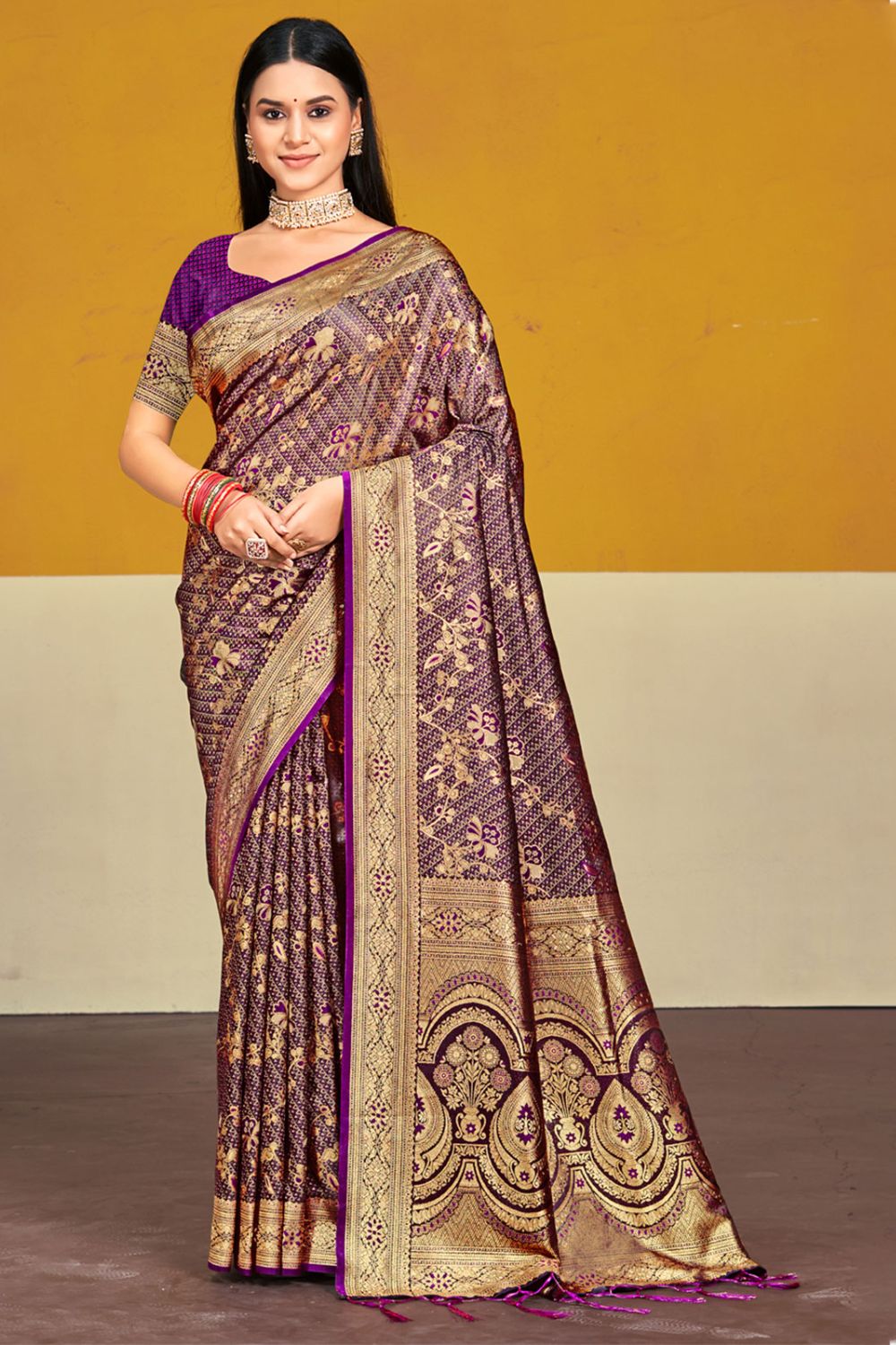 Purple Satin Silk Woven Saree