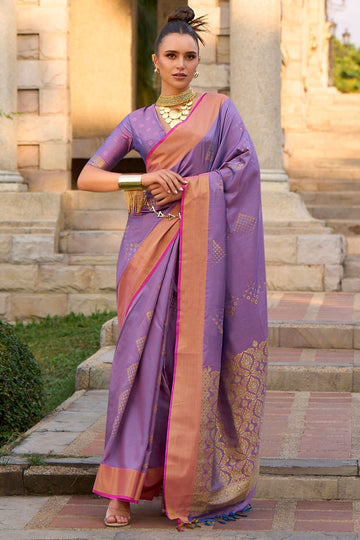 Purple Woven Silk Designer Party Wear Saree