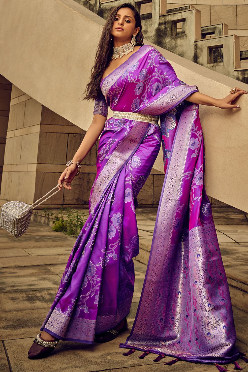 Purple Zari Woven Satin Brasso Party Wear Saree