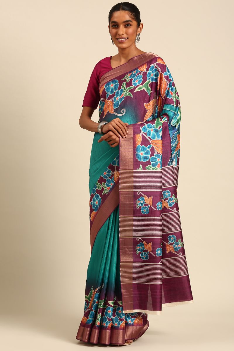 Rama Green and Burgundy Cotton Digital Print Saree