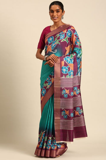 Rama Green and Burgundy Digital Printed Cotton Saree