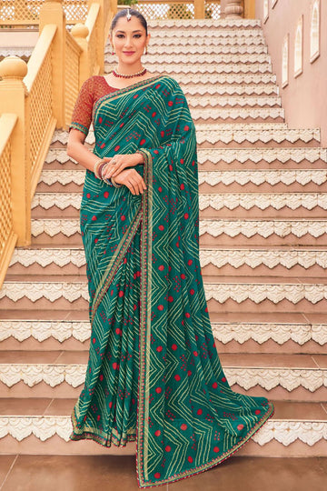 Rama Green Bandhani Print Georgette Chiffon Saree for Party