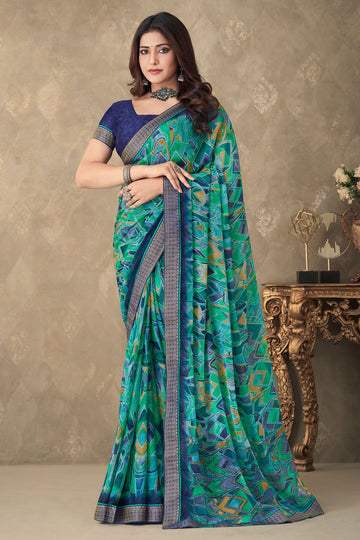 Rama Green Chiffon Printed Casual Wear Saree