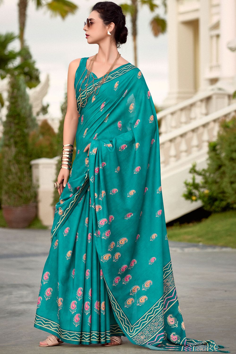 Rama Green Pure Mal Mal Silk Printed Saree