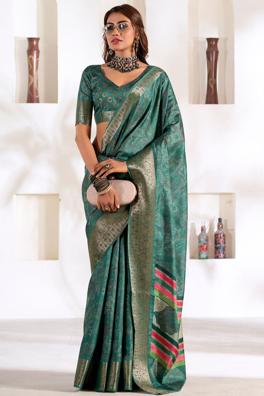 Rama Green Dola Silk Saree for Festival