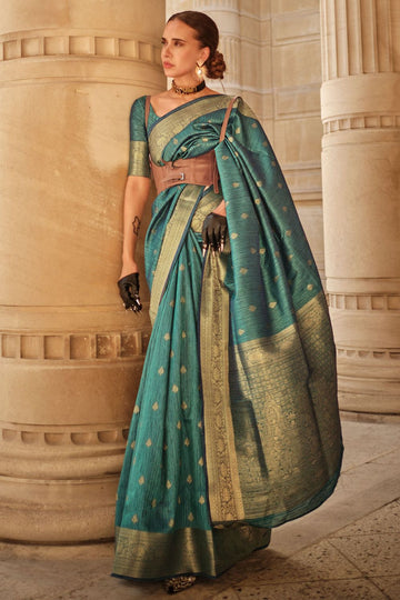 Rama Green Handloom Spun Silk Woven Saree for Party