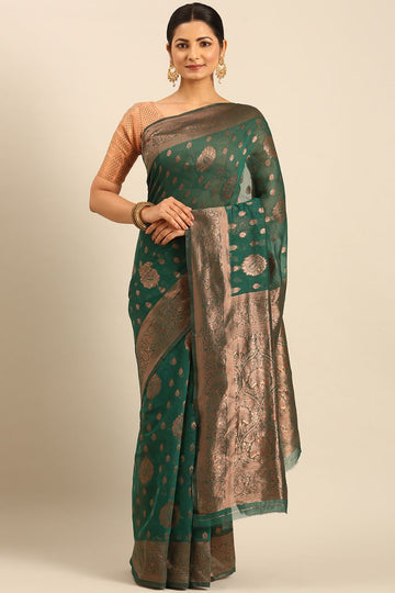 Rama Green Cotton Jacquard Work Saree