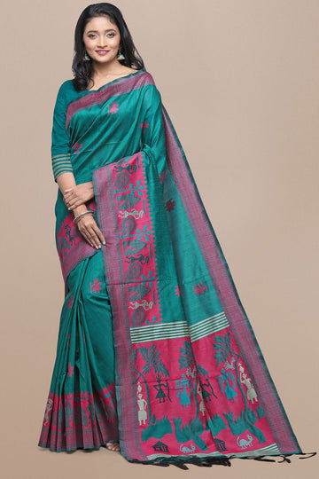 Rama Green Raw Silk Saree with Kalamkari Design