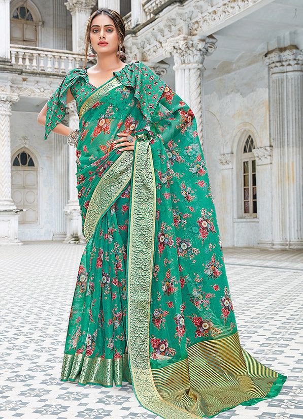 Rama Green Organza Printed Saree for Party