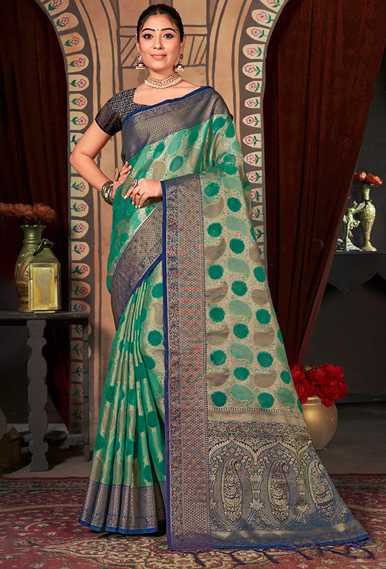 Rama Green Organza Saree for Party