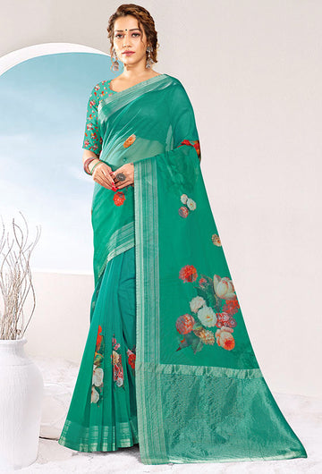 Rama Green Organza Silk Printed Saree