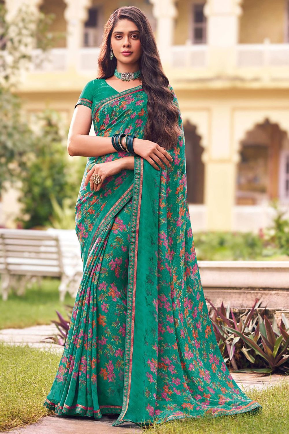 Rama Green Printed Georgette Casual Wear Saree