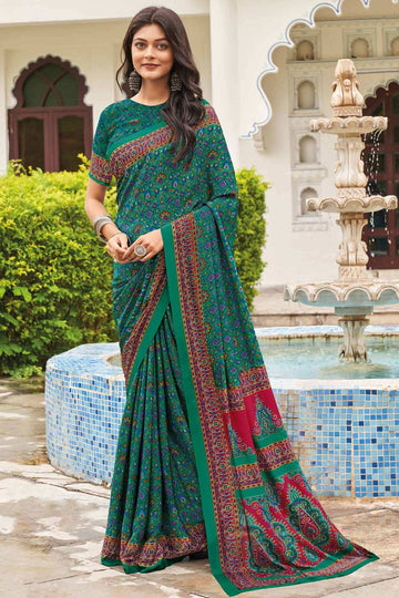 Rama Green Crepe Casual Wear Saree