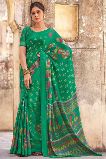 Rama Green Printed Crepe Satin Saree for Festival