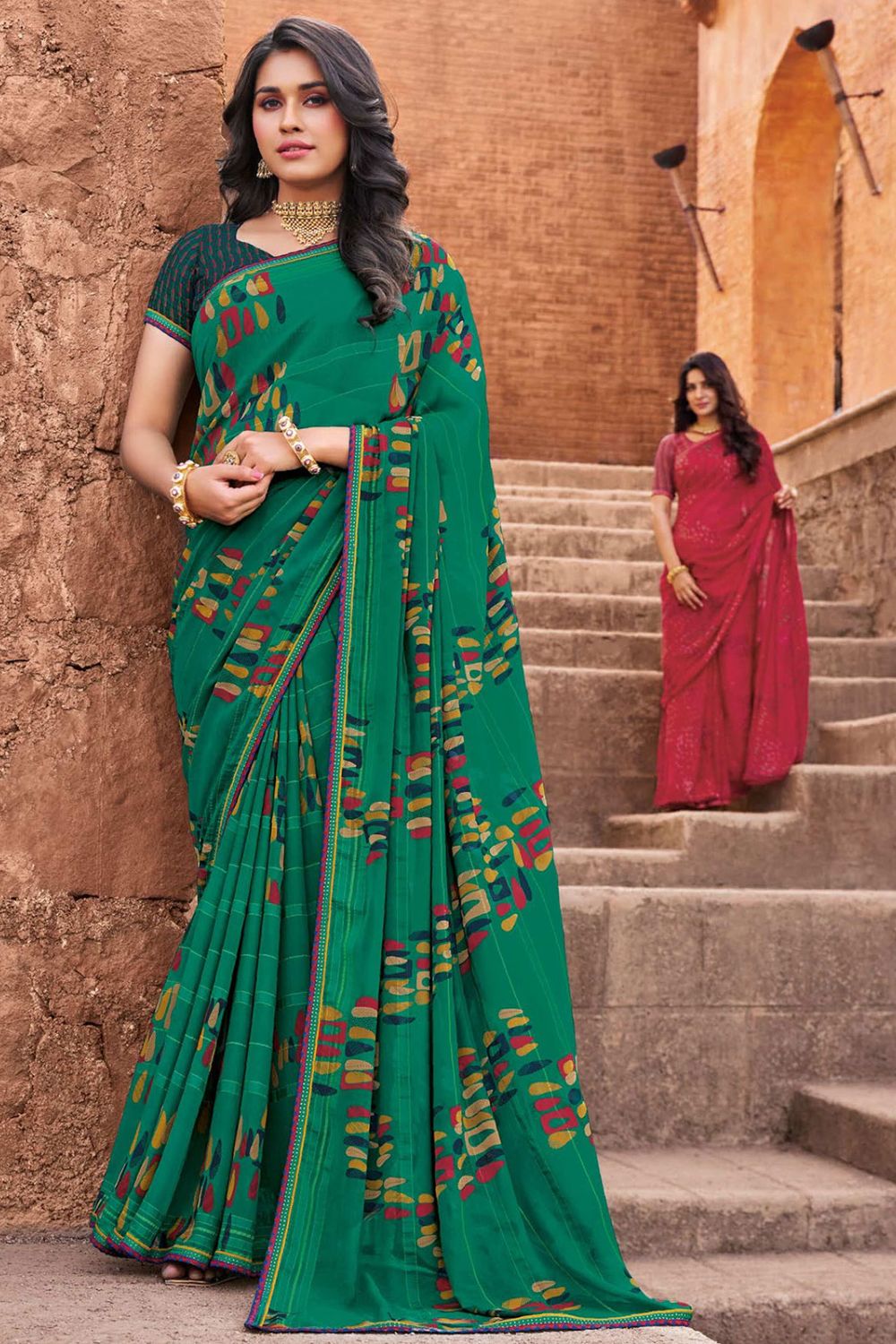 Rama Green Printed Georgette Casual Saree