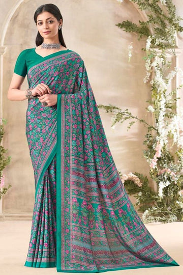 Rama Green Printed Silk Crepe Saree for Party