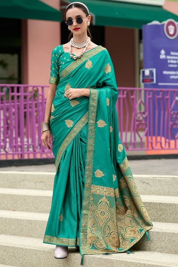 Rama Green Pure Handloom Weaving Satin Saree