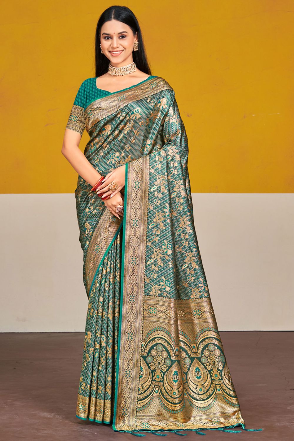 Rama Green Satin Silk Woven Saree