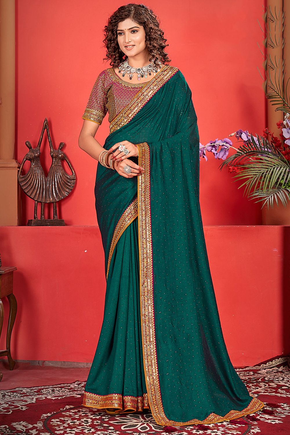 Rama Green Silk Saree with Embroidered Border