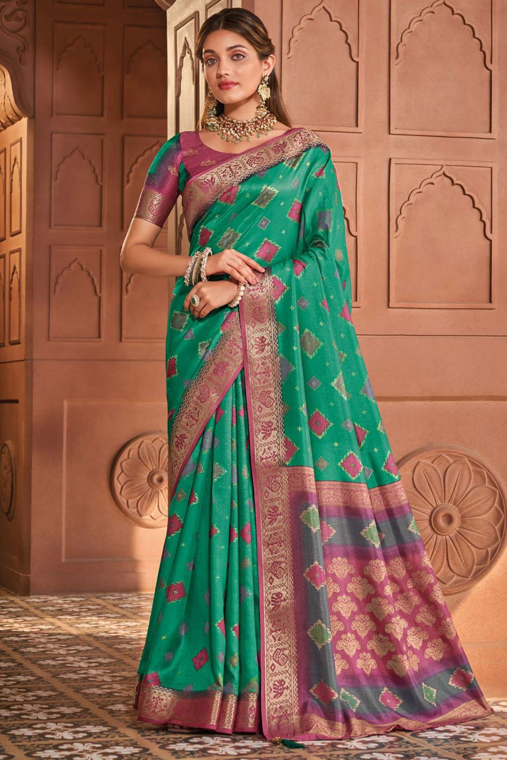 Rama Green Soft Silk Saree with Banarasi Lace Border