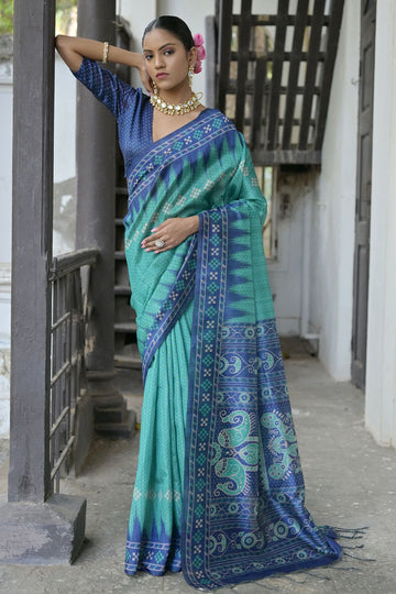 Rama Green Soft Tussar Silk Party Wear Saree