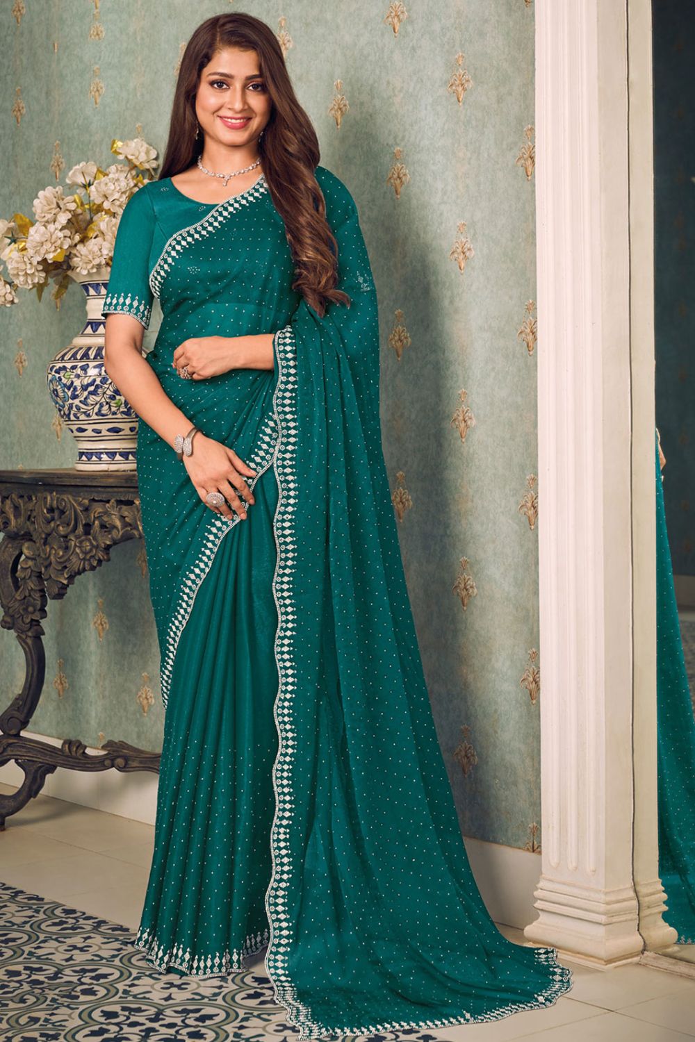 Rama Green Swarovski Embellished Chiffon Saree for Party