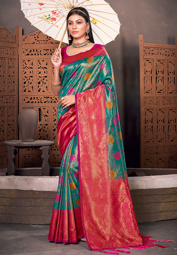 Rama Green Woven Kanjivaram Silk Saree for Festival