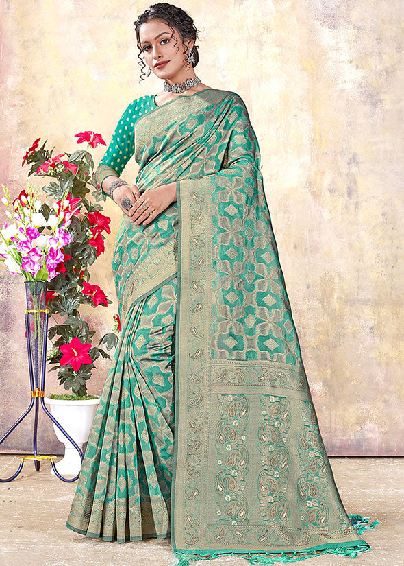 Rama Green Woven Organza Saree for Party