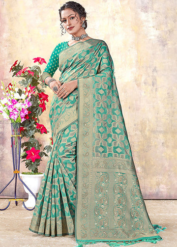 Rama Green Woven Organza Saree for Party