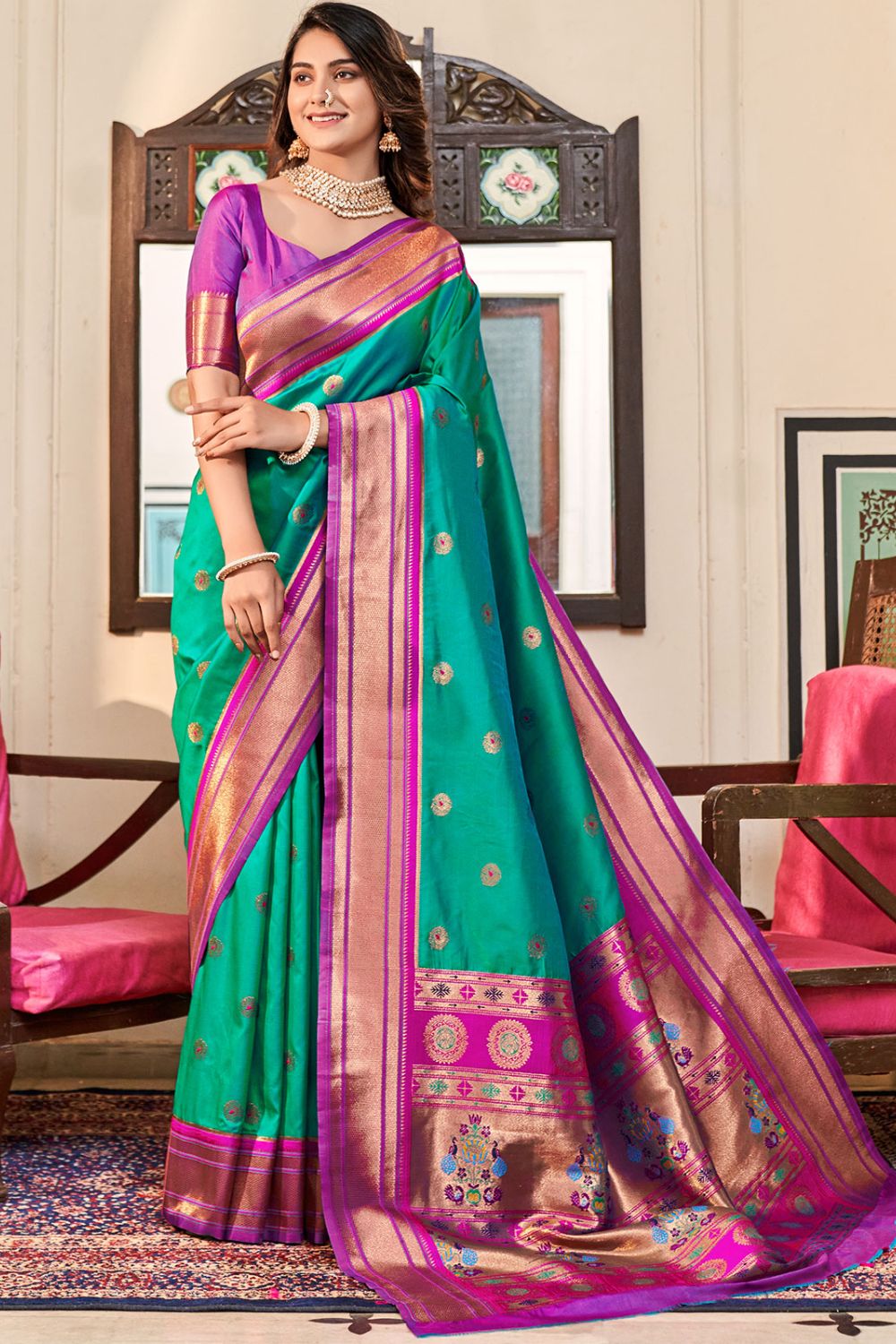 Rama Green Peshwai Paithani Silk Saree