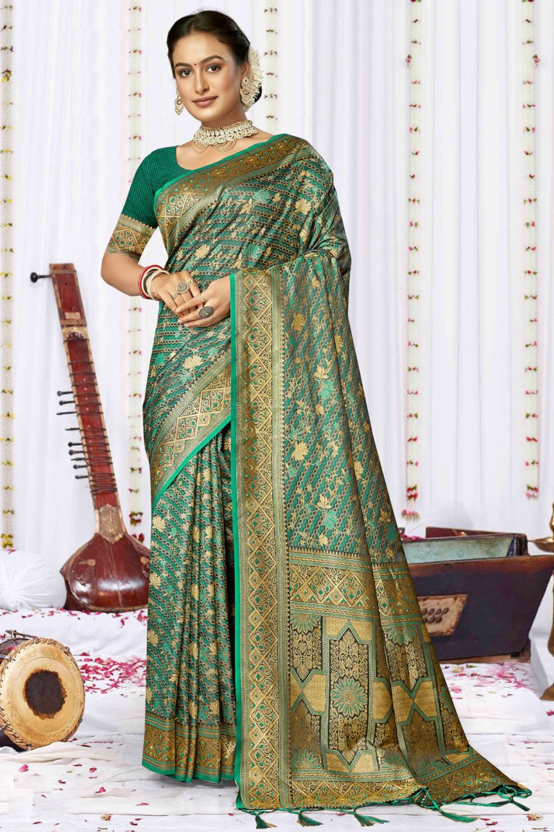 Rama Green Woven Satin Silk Saree