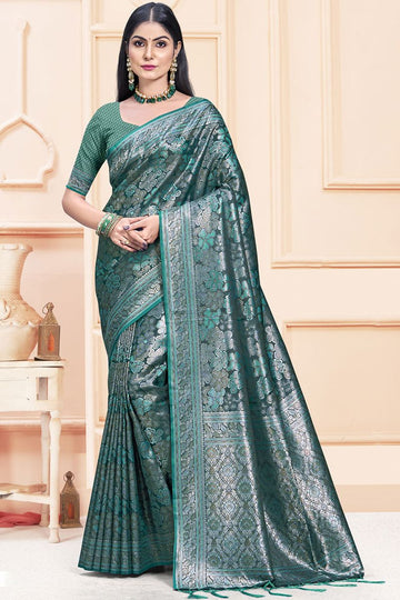 Rama Green Woven Satin Silk Saree