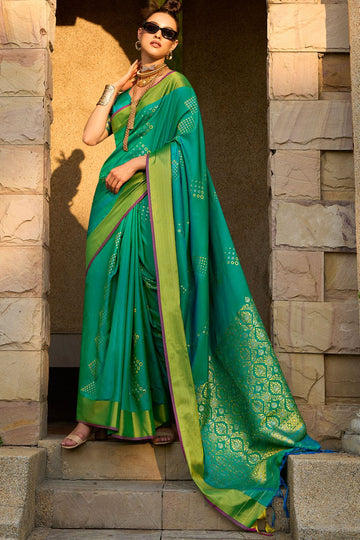 Rama Green Woven Silk Designer Party Wear Saree