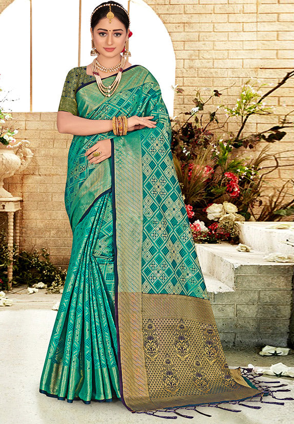 Rama Green Woven Silk Saree for Party