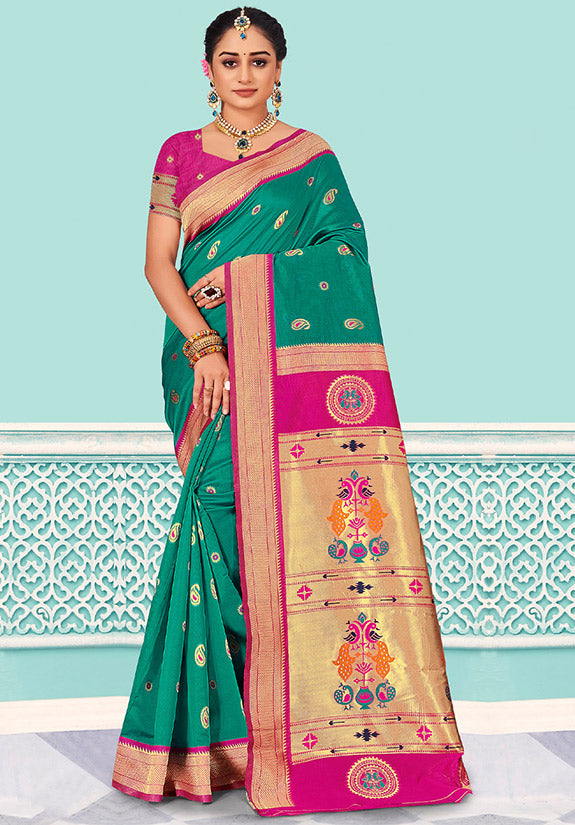 Rama Green Woven Silk Saree for Party