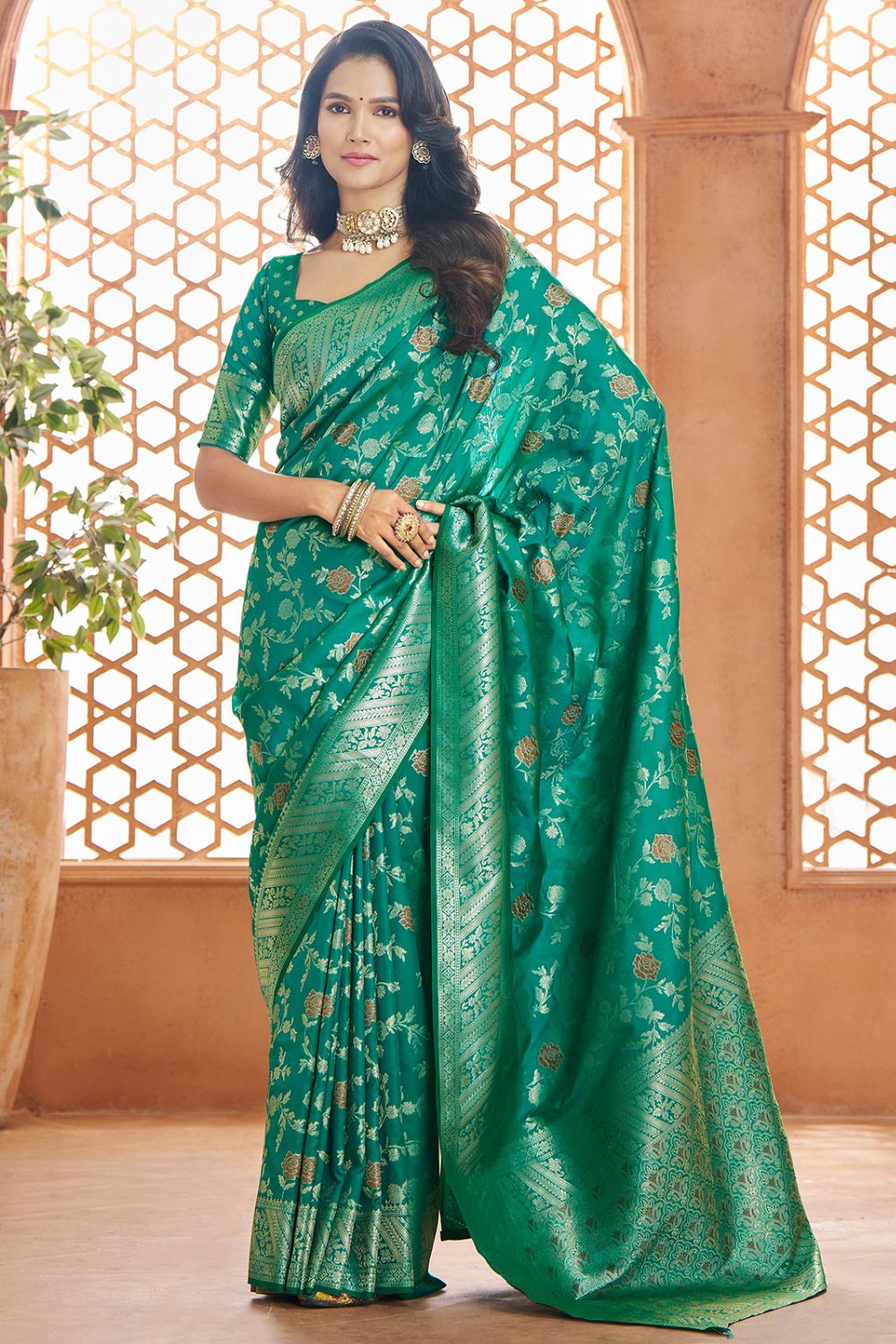 Rama Green Pure Banarasi Silk Zari Weaving Saree