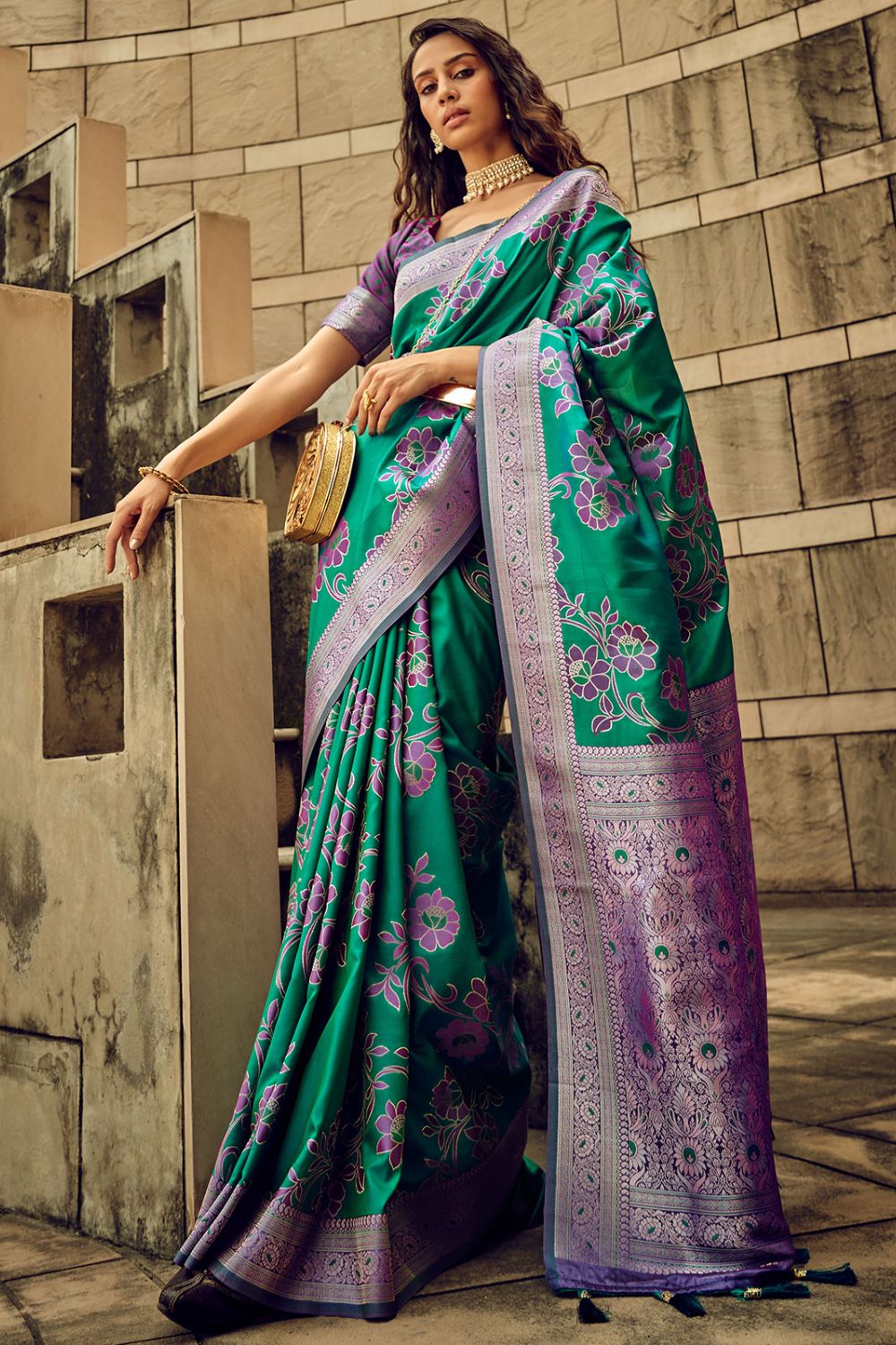 Rama Green Zari Woven Satin Brasso Party Wear Saree