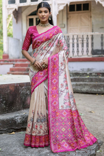 Rani Pink and Beige Soft Tussar Silk Digital Printed Saree